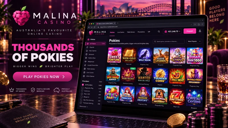 Malina Casino pokies lobby with game tiles and an AUD balance