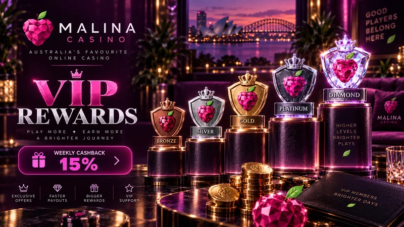 Malina Casino VIP tiers from Bronze to Diamond with weekly cashback