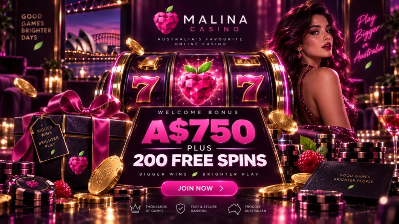 Malina Casino welcome package of A$750 plus 200 free spins for Australian players